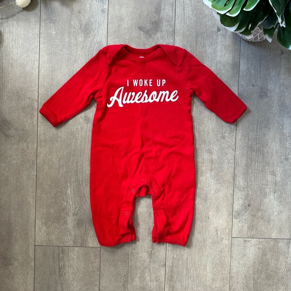 Old Navy Red 'I Woke Up Awesome' Kids One Piece Coveralls Romper 3-6 Months